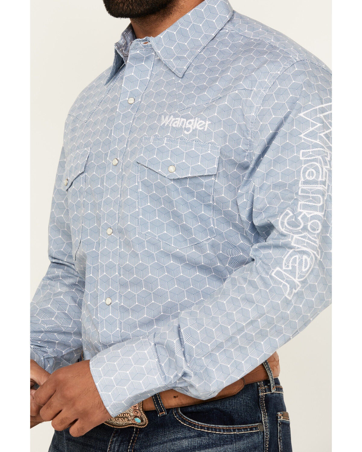 Image #3 - Wrangler Men's Geo Print Logo Long Sleeve Snap Western Shirt, Blue, hi-res