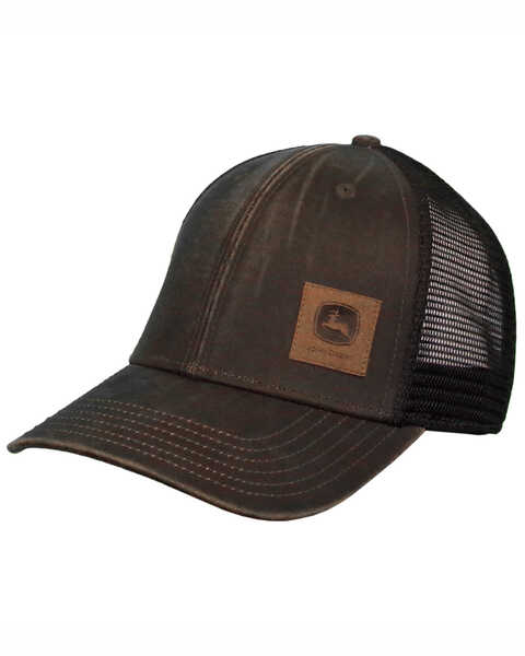 John Deere Men's Brown Leather Patch Logo Mesh Ball Cap, Brown, hi-res