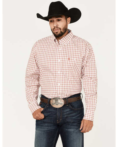 Image #1 - George Strait by Wrangler Men's Long Sleeve Button Down One Pocket Plaid Shirt, Red, hi-res