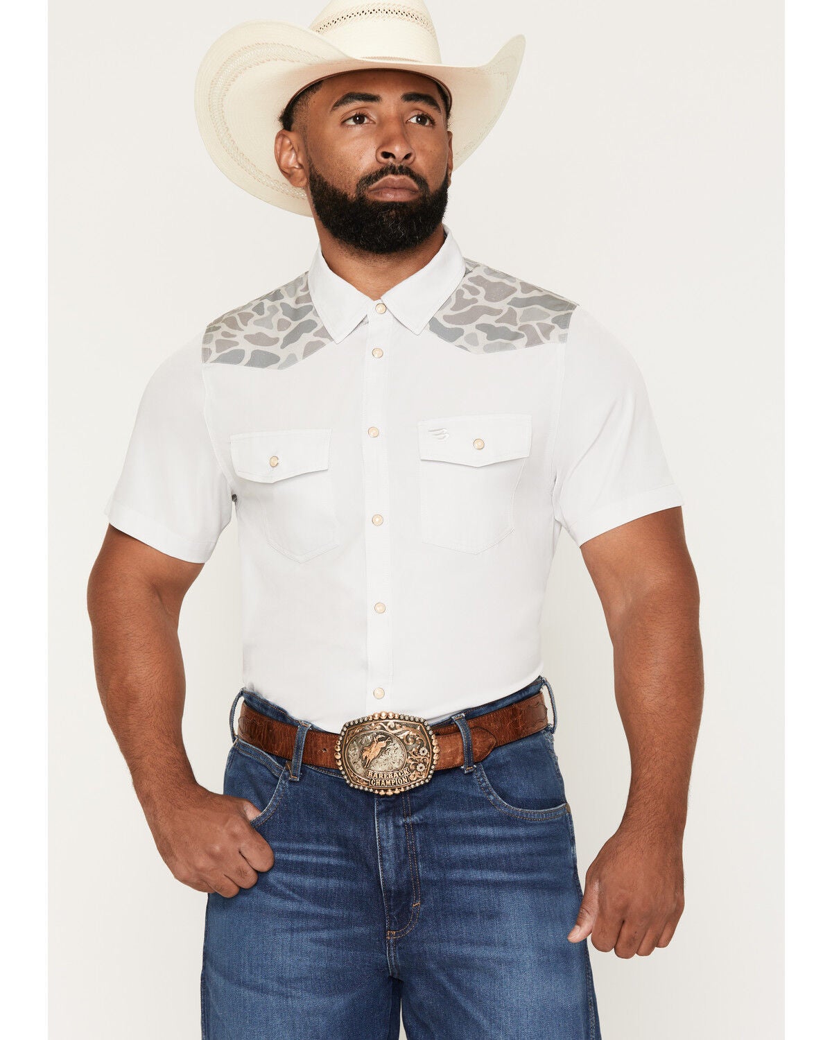 Burlebo Men's Camo Color Block Short Sleeve Snap Performance Western Shirt, Grey, hi-res
