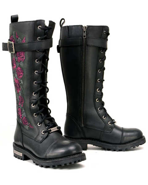 Milwaukee Leather Women's Floral Embroidered Tall Motorcycle Boots - Round Toe , Black, hi-res