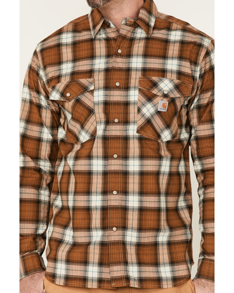 Carhartt Men's Plaid Rugged Flex Relaxed Lightweight Long Sleeve Snap Western Flannel Shirt , Brown, hi-res