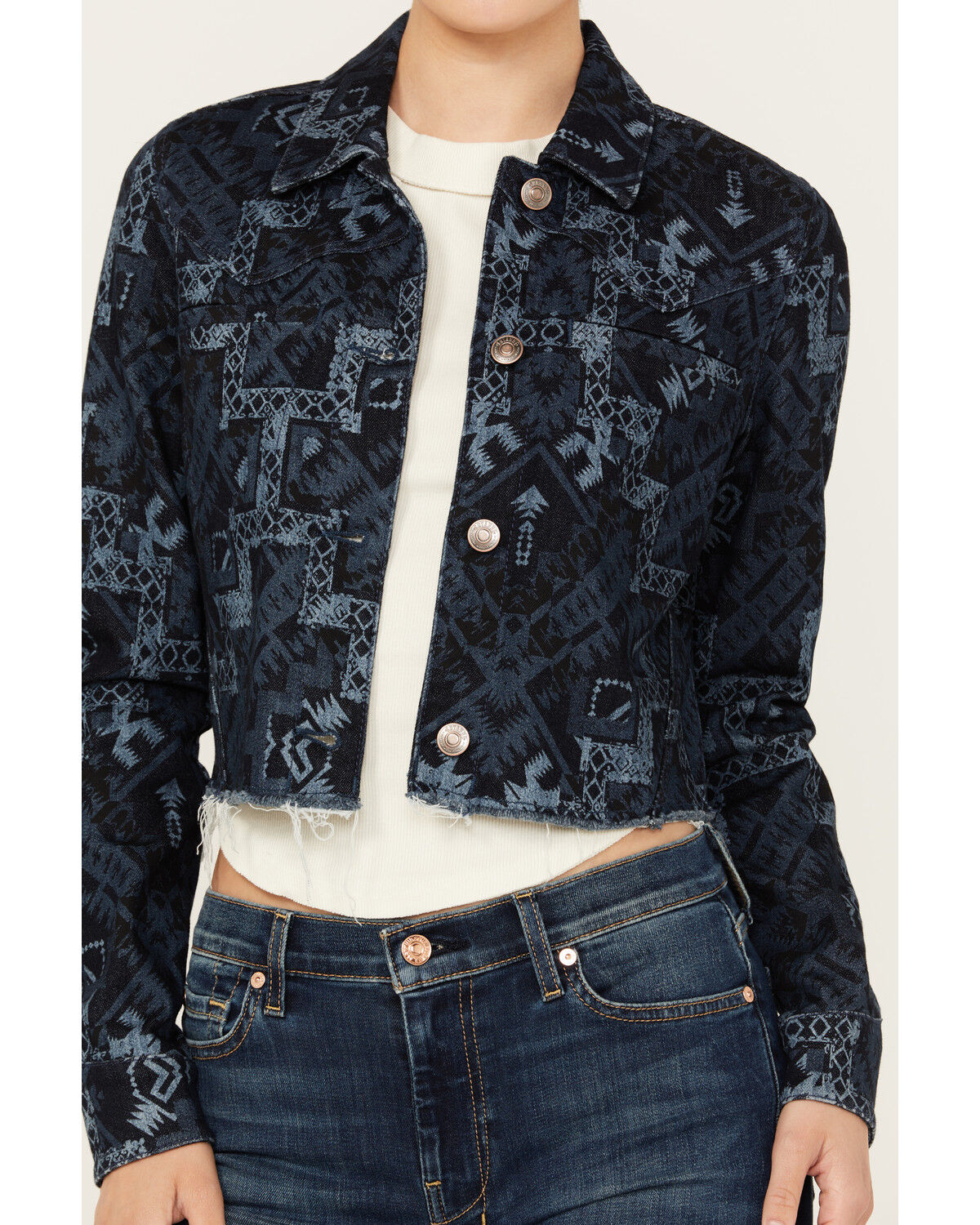 Image #3 - Shyanne Women's Printed Cropped Frayed Jacket, Dark Wash, hi-res