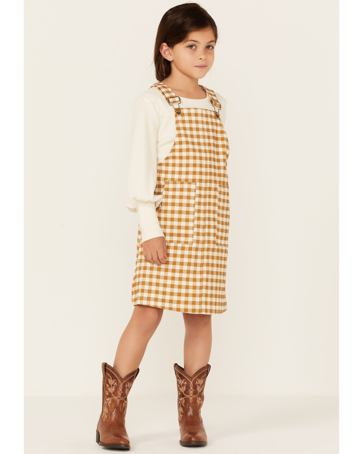 Image #1 - Hayden Girls' Checkered Overall Mini Dress, Mustard, hi-res