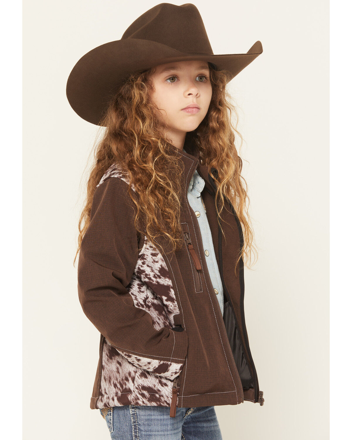 Image #2 - Cowgirl Hardware Girls' Cowhide Print Softshell Jacket, Brown, hi-res