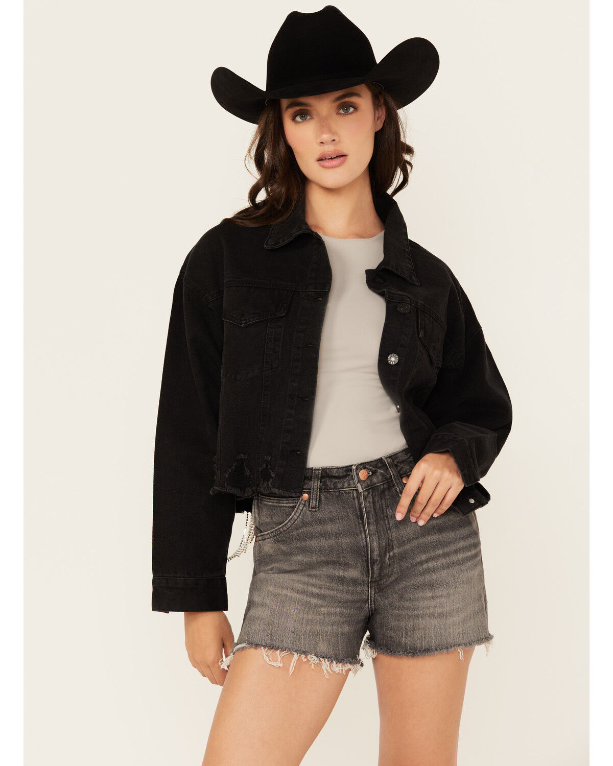 Image #2 - Blue B Women's Back Chain Fringe Cropped Denim Jacket, Black, hi-res