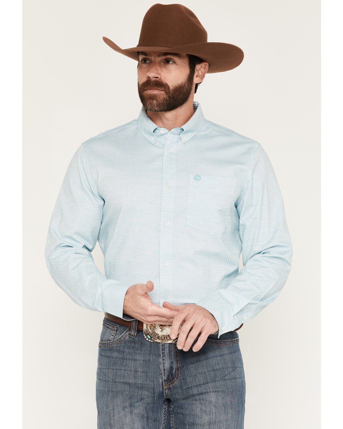 Image #1 - Cody James Men's Trophy Geo Print Long Sleeve Button-Down Stretch Western Shirt, Teal, hi-res