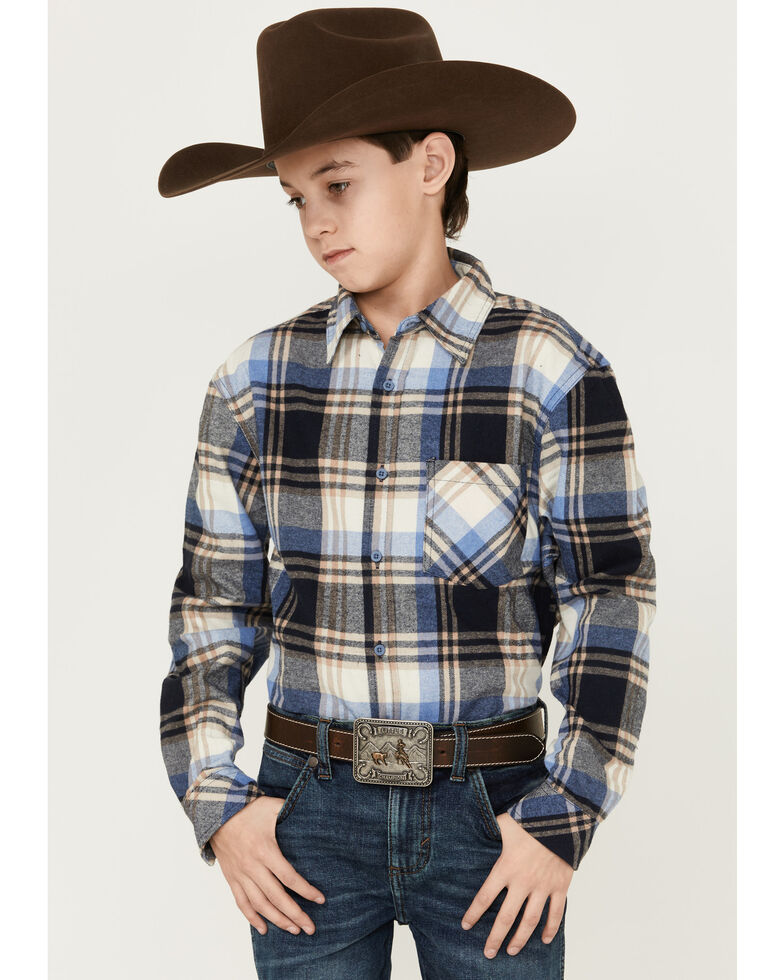 Scope Apparel Boys' Plaid Long Sleeve Button-Down Western Shirt , Blue, hi-res