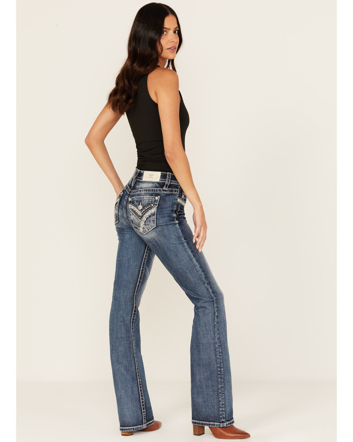 Image #1 - Miss Me Women's Medium Wash Embroidered 32" Bootcut Stretch Denim Jeans, Medium Wash, hi-res
