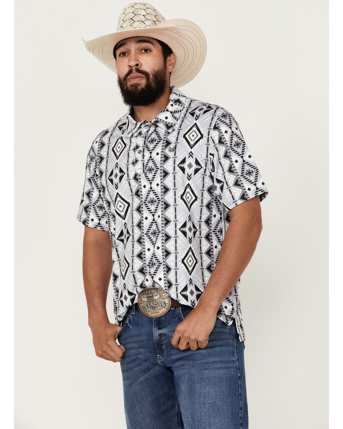 Image #1 - Panhandle Men's Southwestern Print Short Sleeve Performance Polo Shirt, Charcoal, hi-res