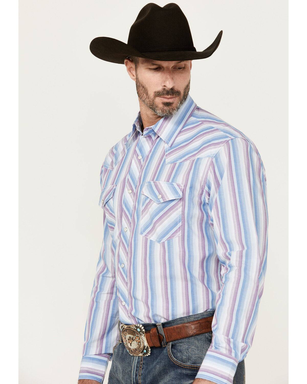 Image #2 - Wrangler 20X Men's Striped Print Long Sleeve Snap Stretch Western Shirt, Blue, hi-res