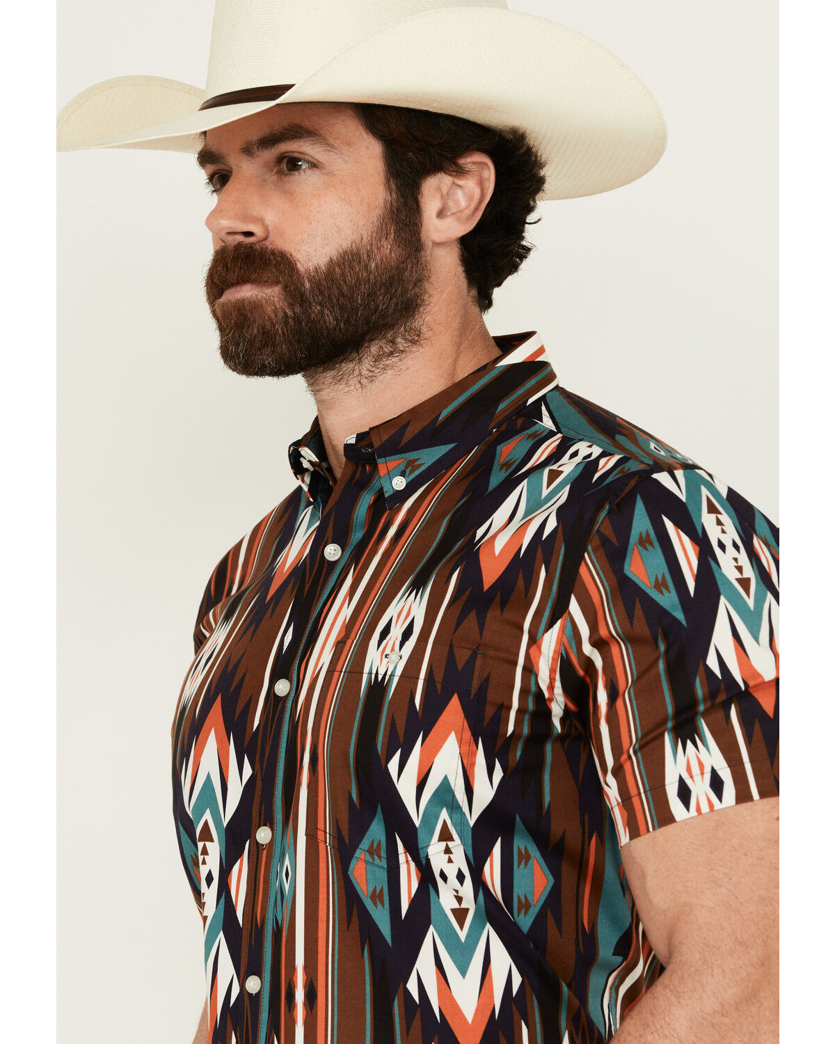 Image #2 - RANK 45® Men's Calvaztec Southwestern Print Short Sleeve Button-Down Stretch Western Shirt, Rust Copper, hi-res