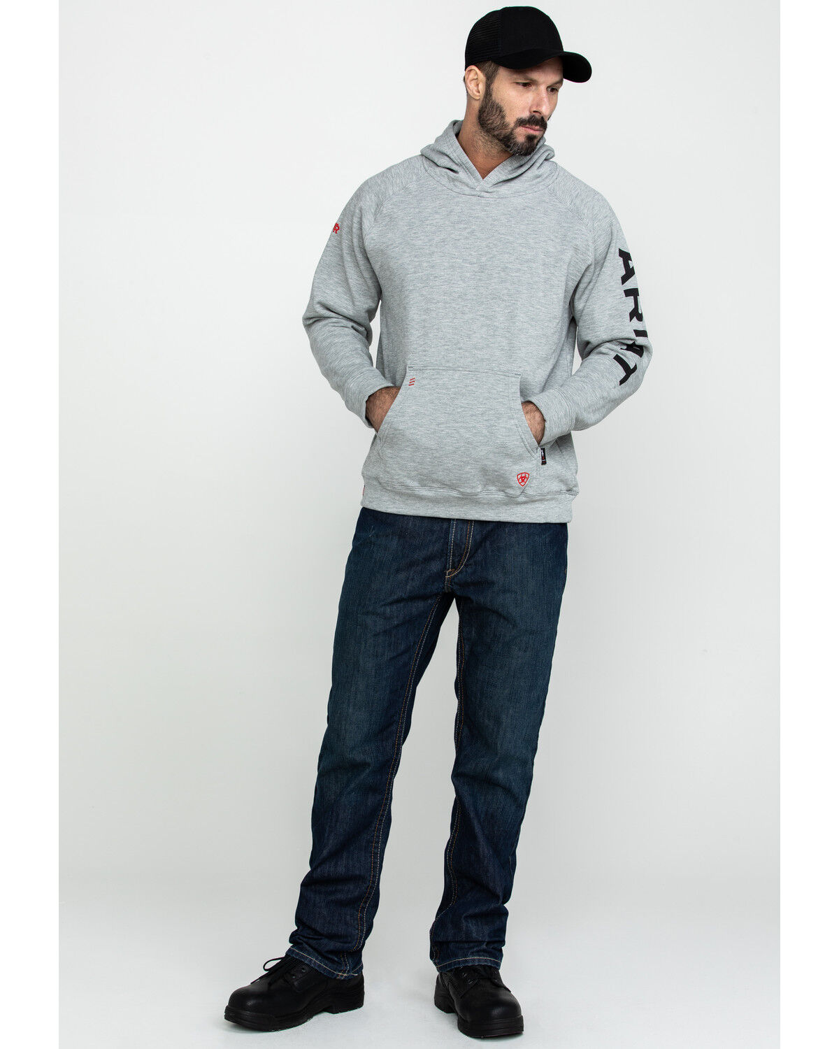 Image #6 - Ariat Men's FR Primo Fleece Logo Hooded Work Sweatshirt, Heather Grey, hi-res
