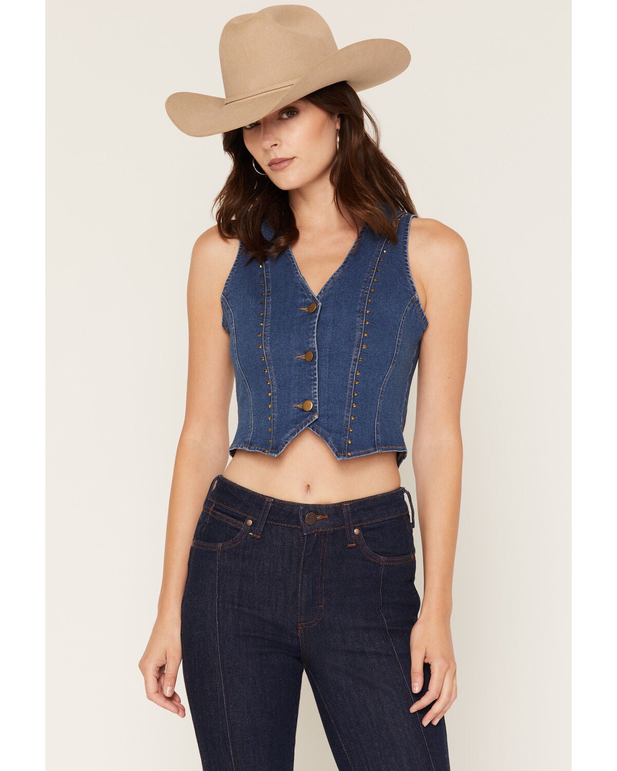 Image #1 - Blue B Women's Boot Barn Exclusive Boot Stitch Studded Denim Vest, Medium Wash, hi-res