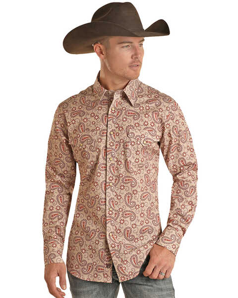 Image #1 - Rock & Roll Denim Men's Paisley Print Long Sleeve Snap Stretch Western Shirt, Tan, hi-res