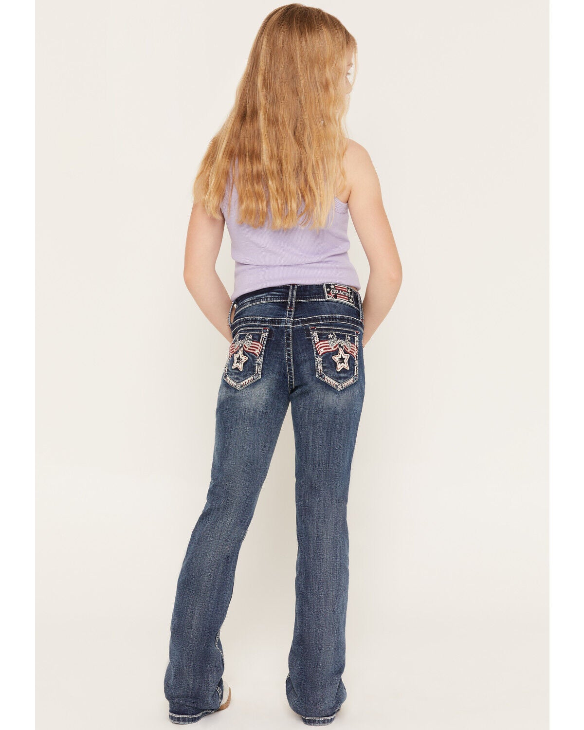 Image #1 - Grace in LA Girls' Medium Wash Americana Star & Flag Bootcut Stretch Denim Jeans, Medium Wash, hi-res