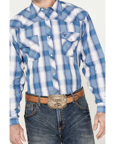 Image #3 - Cowboy Hardware Men's Hombre Plaid Print Long Sleeve Pearl Snap Western Shirt, Blue, hi-res