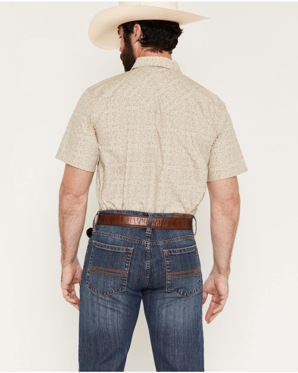 Image #4 - Gibson Trading Co Men's Timeless Medallion Print Short Sleeve Snap Western Shirt, Tan, hi-res