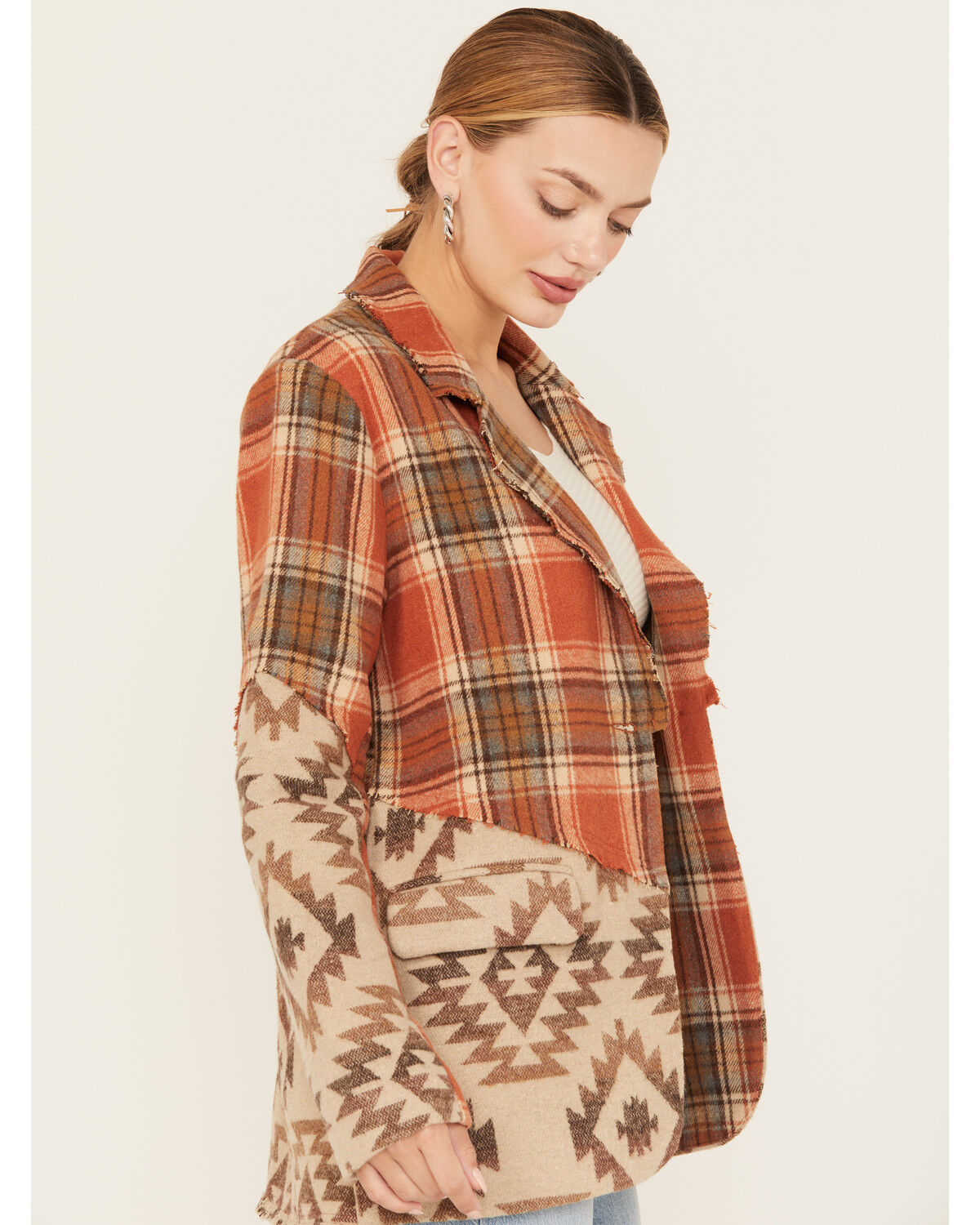 Image #2 - Miss Me Women's Plaid Southwestern Print Blazer, Dark Orange, hi-res