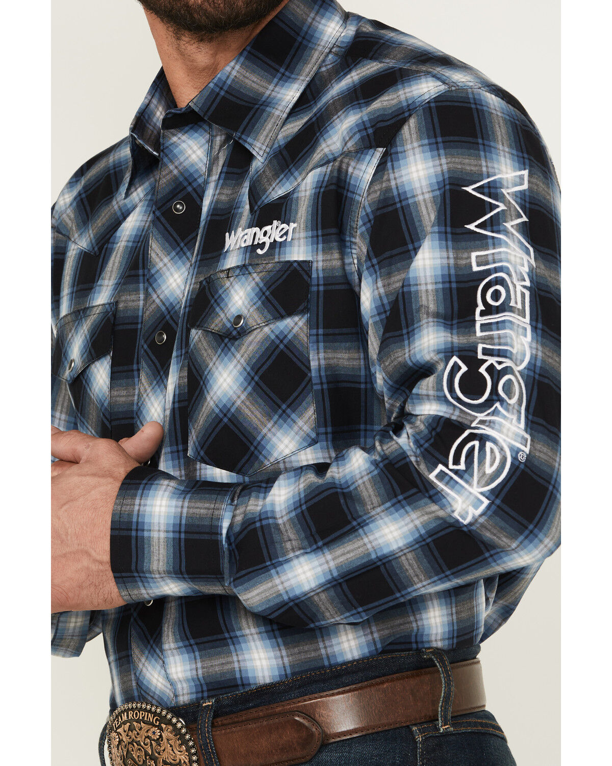Image #3 - Wrangler Men's Embroidered Plaid Print Long Sleeve Snap Western Shirt, Black, hi-res