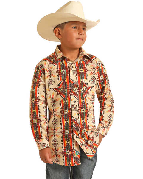 Image #1 - Panhandle Boys' Long Sleeve Southwestern Print Snap Shirt, Tan, hi-res