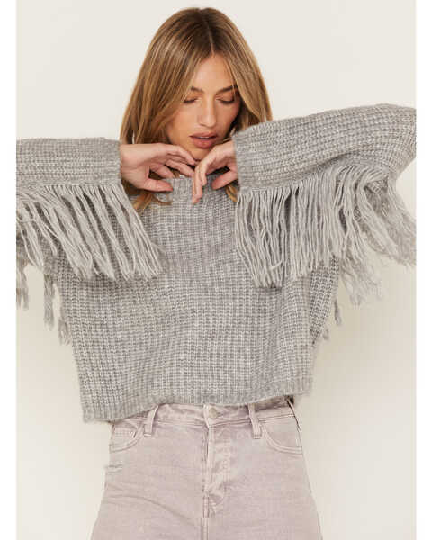 Image #1 - Wild Moss Women's Fringe Sweater, Charcoal, hi-res