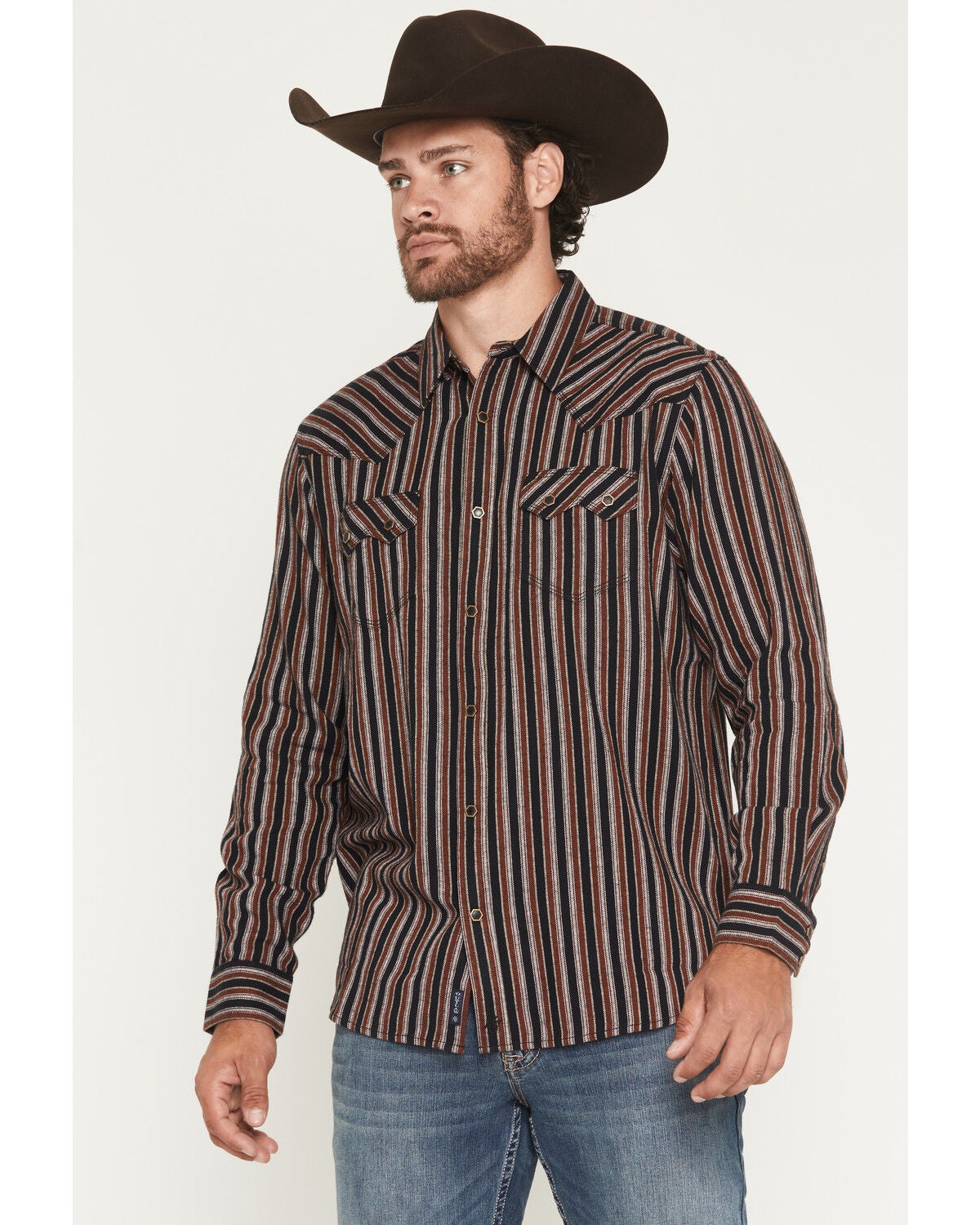 Image #1 - Moonshine Spirit&reg; Men's Timberwolf Striped Long Sleeve Snap Flannel Shirt, Black, hi-res