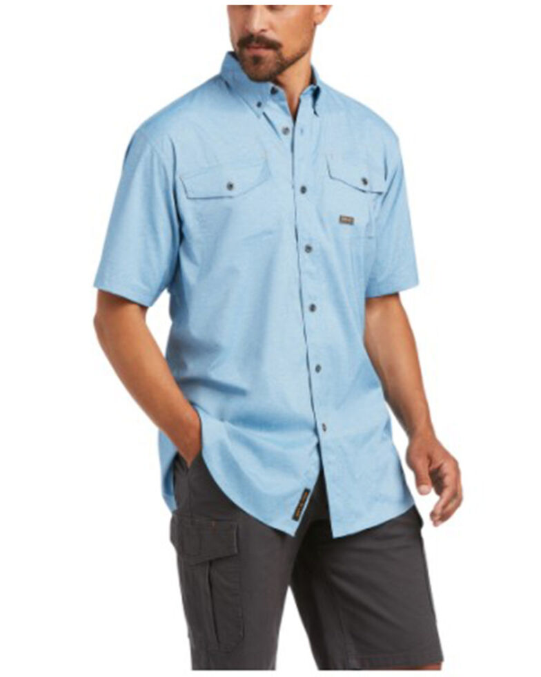 Ariat Men's Heather Deep Water Rebar Made Tough VentTek Short Sleeve Button-Down Work Shirt - Tall , Blue, hi-res