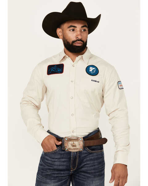 Image #1 - RANK 45® Men's Patched Racer Logo Long Sleeve Snap Stretch Performance Western Shirt , Ivory, hi-res
