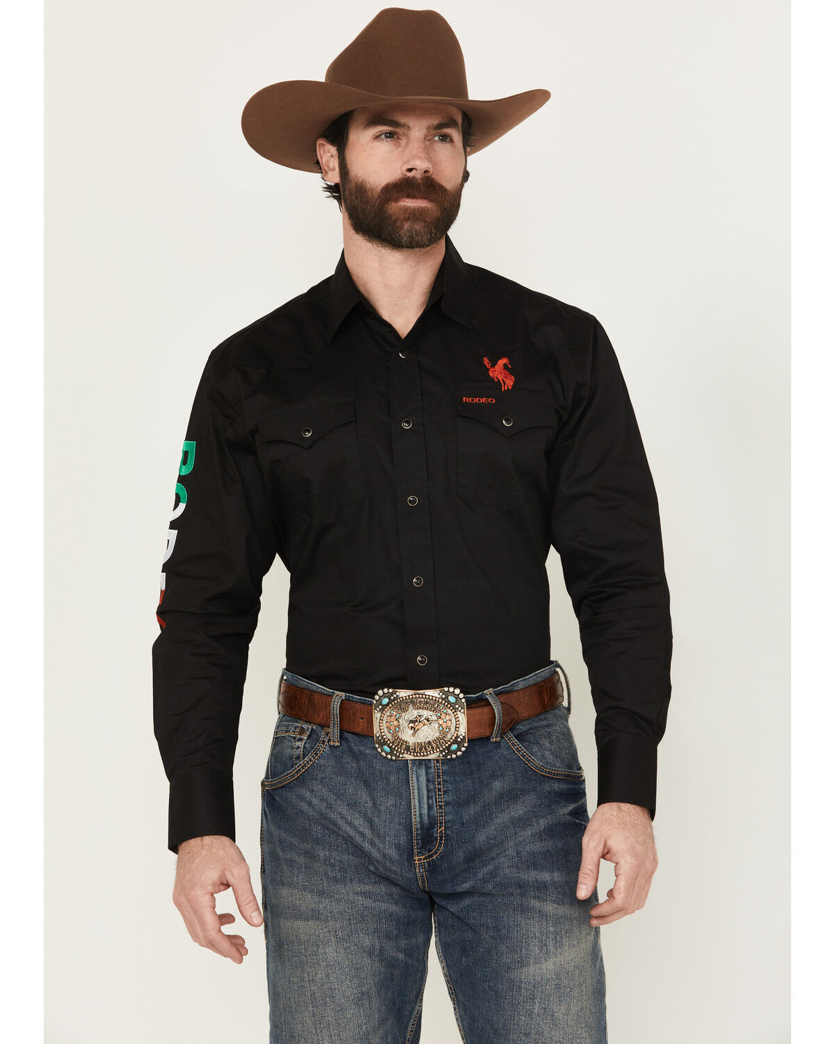 Image #1 - Rodeo Clothing Men's Boot Barn Exclusive Mexico Embroidered Long Sleeve Snap Western Shirt, Black, hi-res