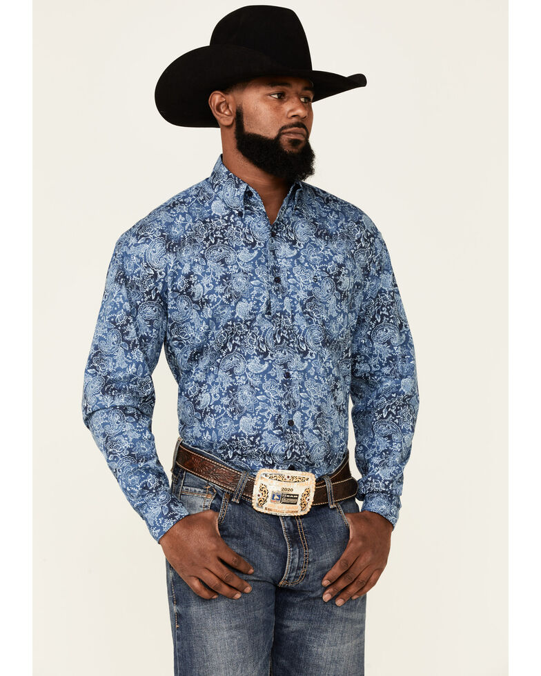 Stetson Men's Blue Paisley Print Long Sleeve Button-Down Western Shirt , Blue, hi-res