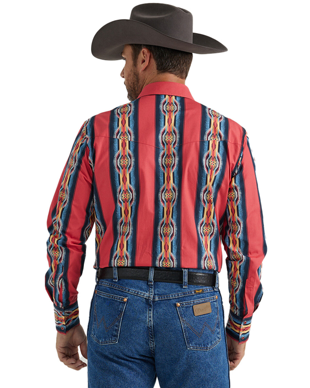 Image #3 - Wrangler Men's Checotah Southwestern Striped Print Long Sleeve Pearl Snap Western Shirt - Tall, Red, hi-res