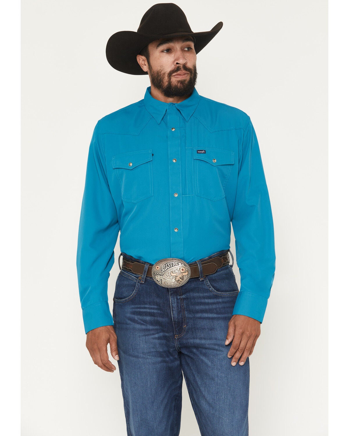 Image #1 - Wrangler Men's Solid Long Sleeve Snap Performance Western Shirt, Teal, hi-res