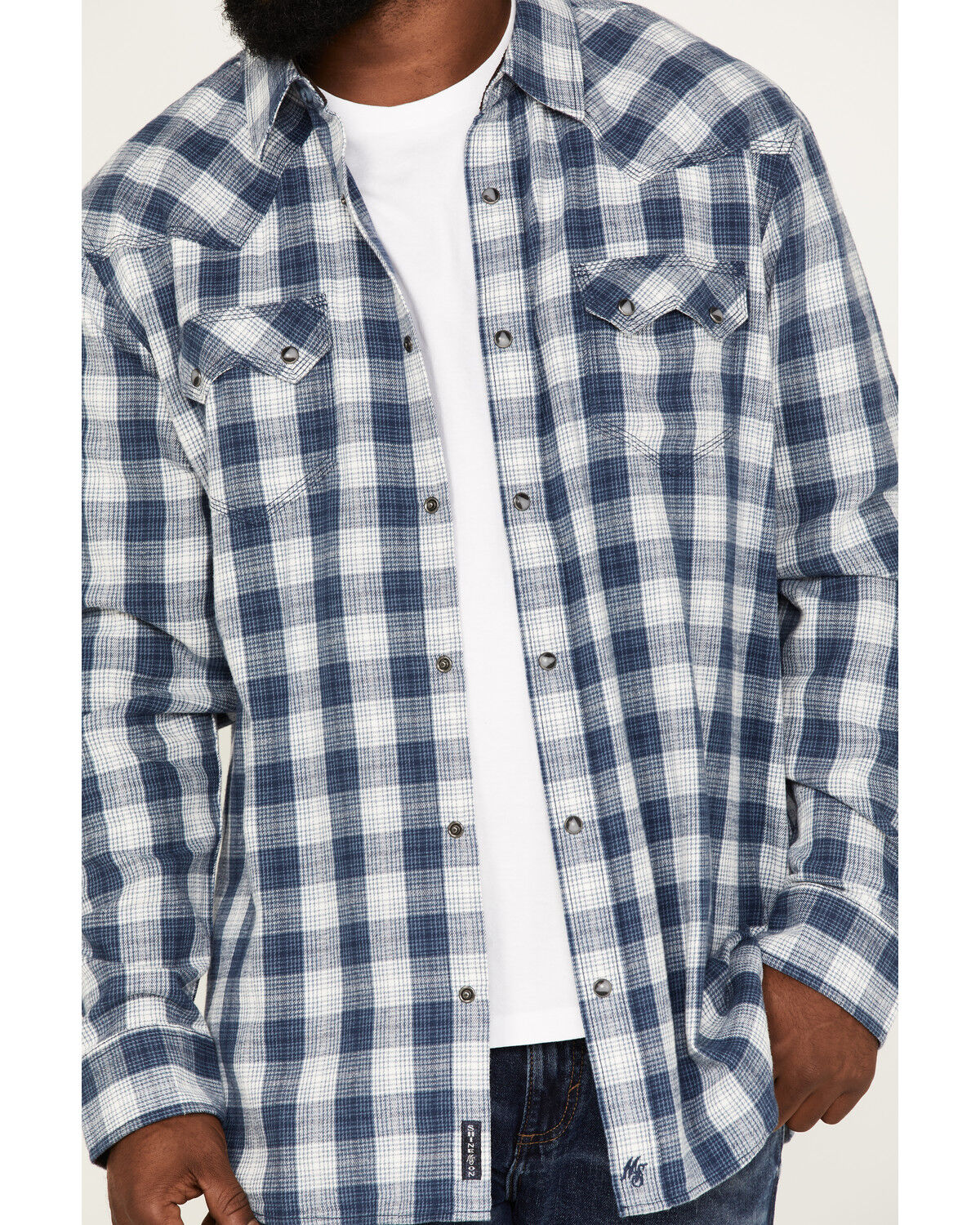 Image #3 - Moonshine Spirit Men's Propane Plaid Print Snap Western Flannel Shirt, Navy, hi-res