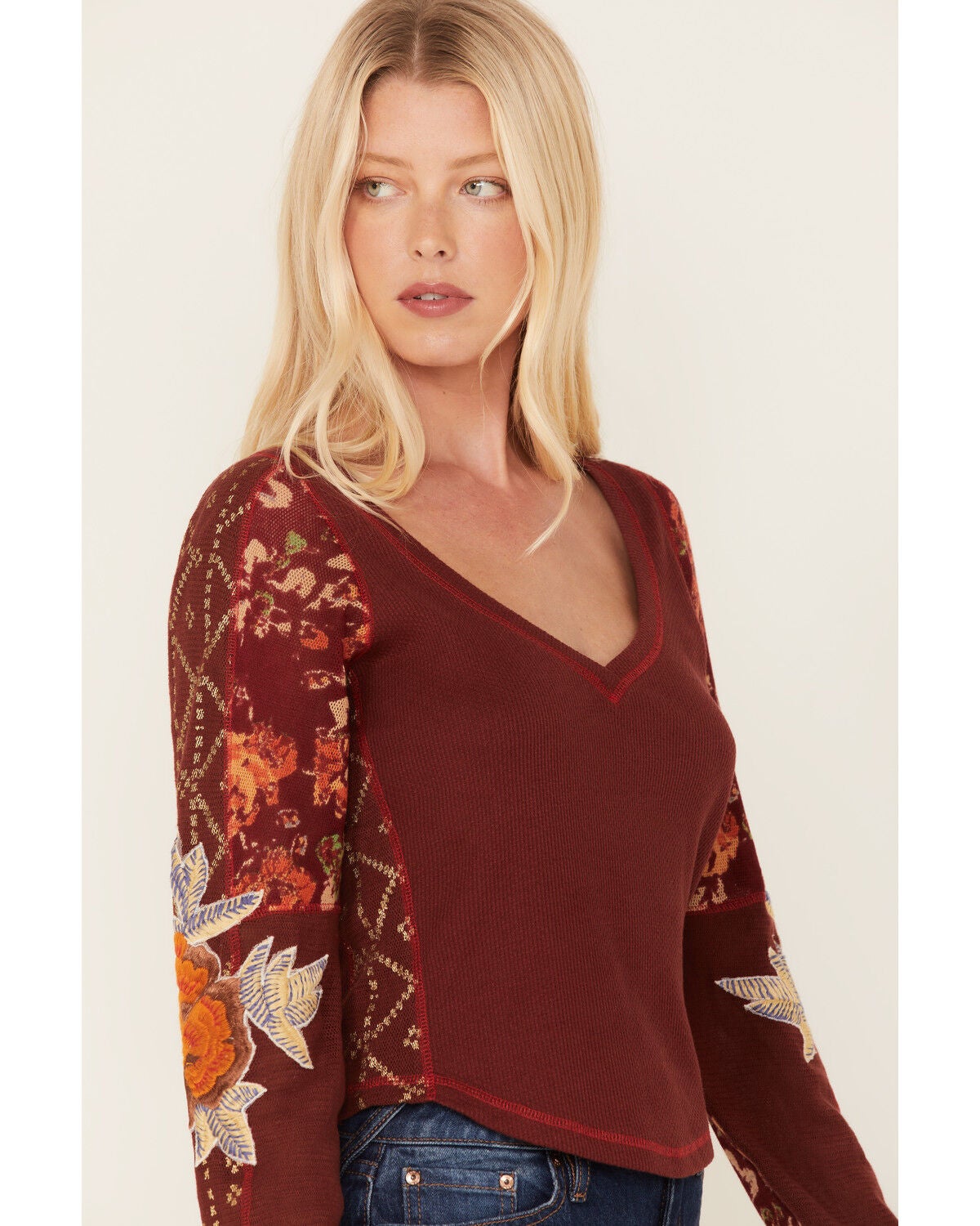 Free People Women's Floral Long Sleeve V Neck Top White Size Medium