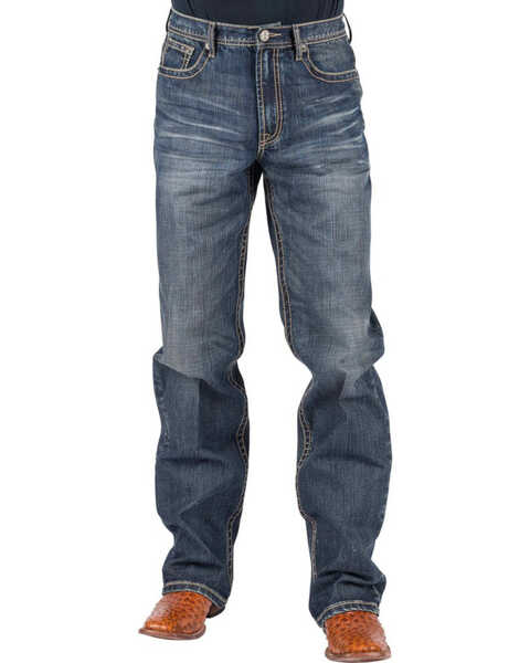 Image #1 - Tin Haul Men's Regular Joe Fit Red Deco Stitching Bootcut Jeans, Indigo, hi-res