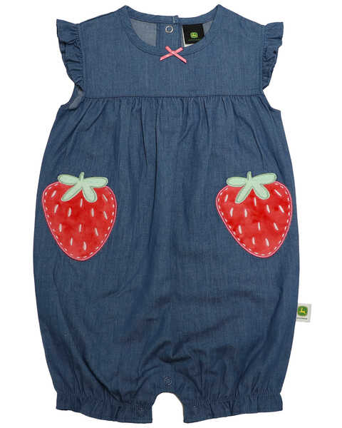 John Deere Infant Girls' Denim Strawberry Romper, Blue, hi-res