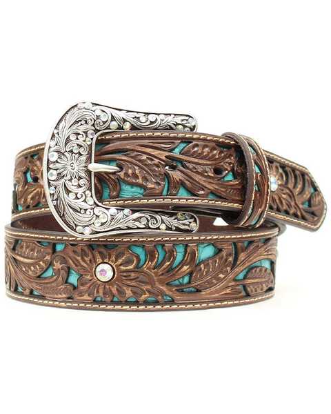Image #1 - Ariat Women's Tooled Turquoise Leather Inlay Belt, Brown, hi-res