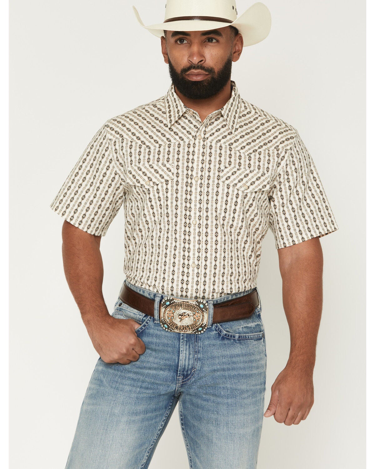 RANK 45&reg; Men's Eye In The Sky Geo Stripe Print Short Sleeve Snap Stretch Western Shirt, Ivory, hi-res