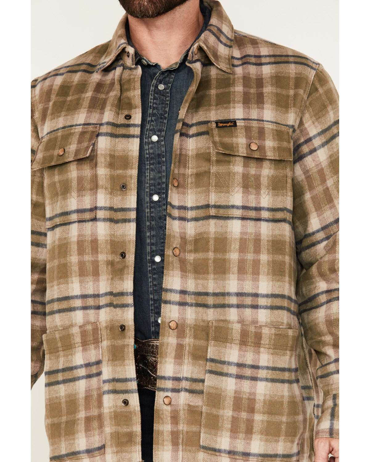 Image #3 - Wrangler Men's Plaid Print Quilted Jacket, Olive, hi-res