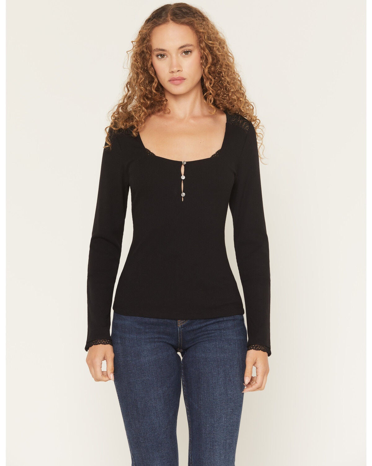 Idyllwind Women's Sugarhill Lace Long Sleeve Ribbed Shirt, Black, hi-res