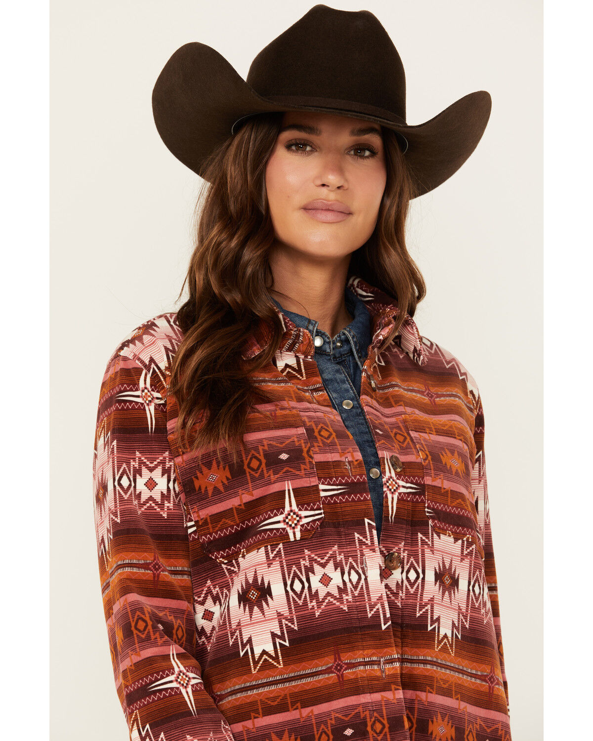 Image #2 - Shyanne Women's Southwestern Striped Print Corduroy Barn Shacket, Mahogany, hi-res