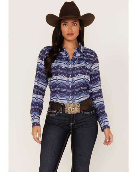 Ariat Women's R.E.A.L. Southwestern Oceanic Print Long Sleeve Western Pearl Snap Shirt, Blue, hi-res