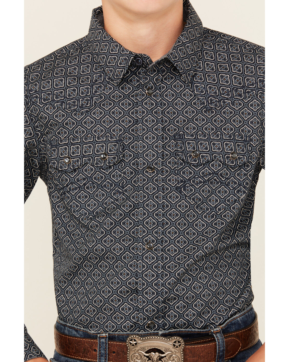 Image #3 - Cody James Boys' Slingshot Medallion Print Long Sleeve Snap Western Shirt, Navy, hi-res