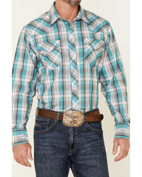 Roper Men's Juniper Dobby Large Plaid Long Sleeve Snap Western Shirt , Blue, hi-res