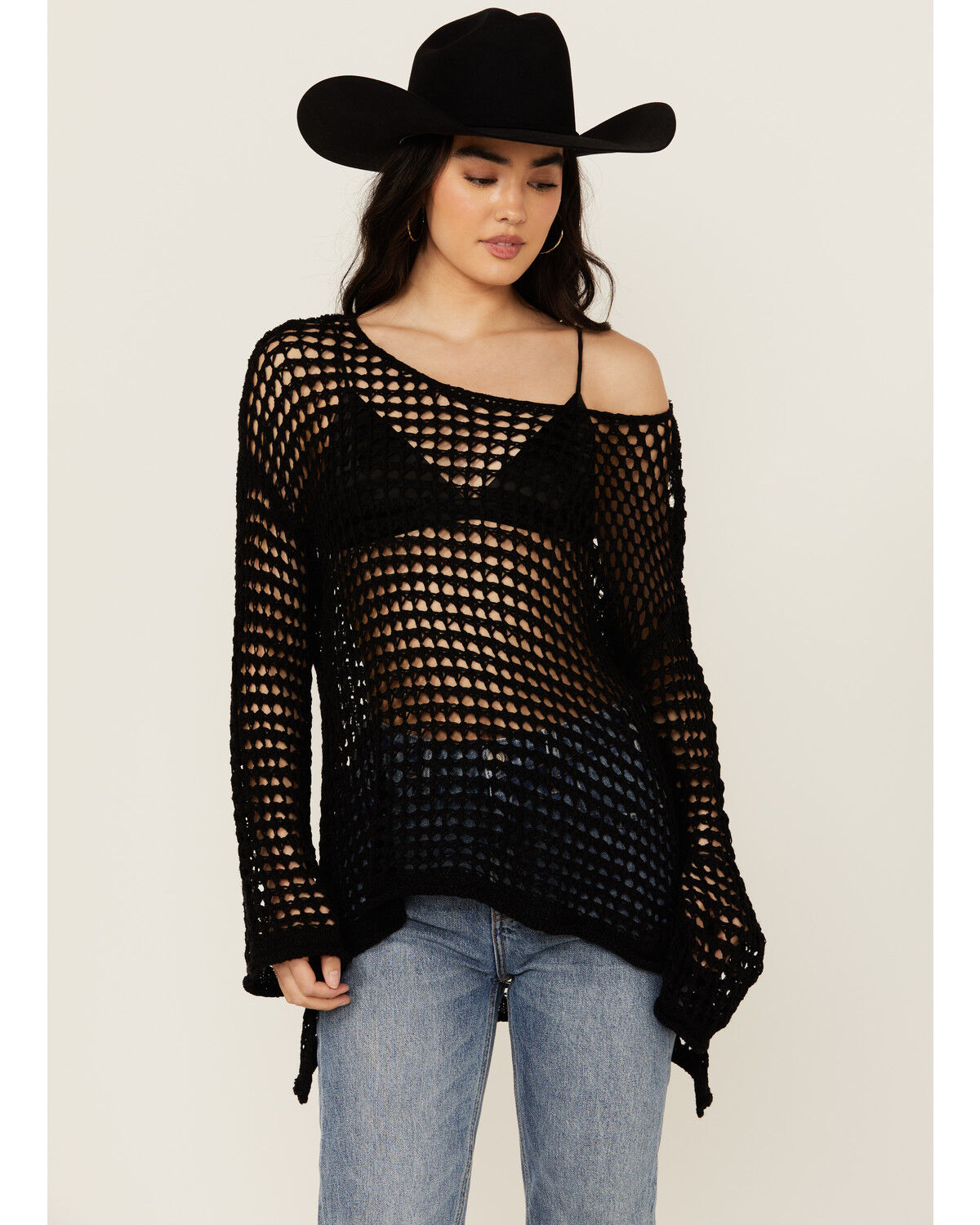 Image #1 - POL Women's Open Crochet Sweater, Black, hi-res