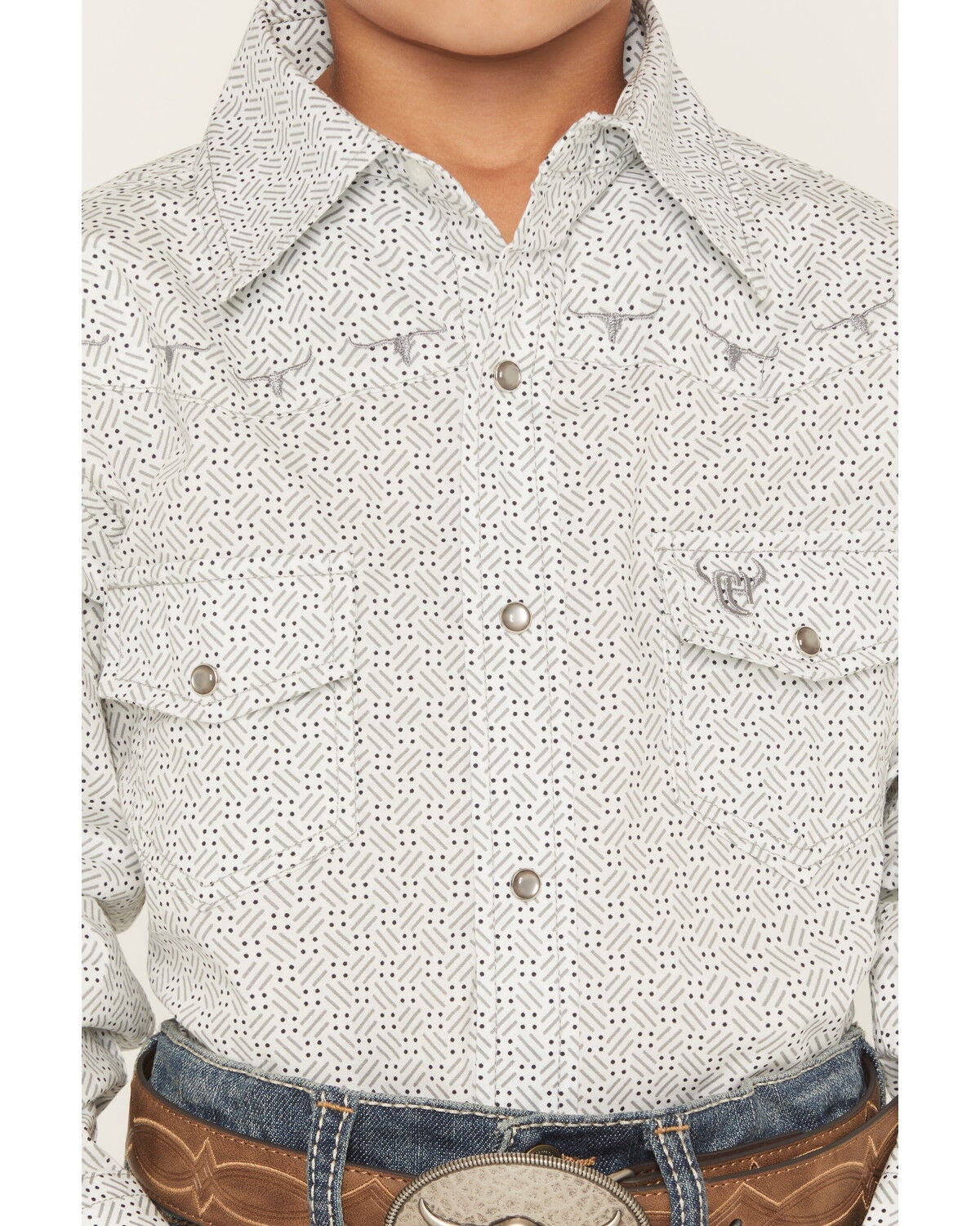 Image #3 - Cowboy Hardware Boys' Geo Print Long Sleeve Pearl Snap Stretch Western Shirt, White, hi-res