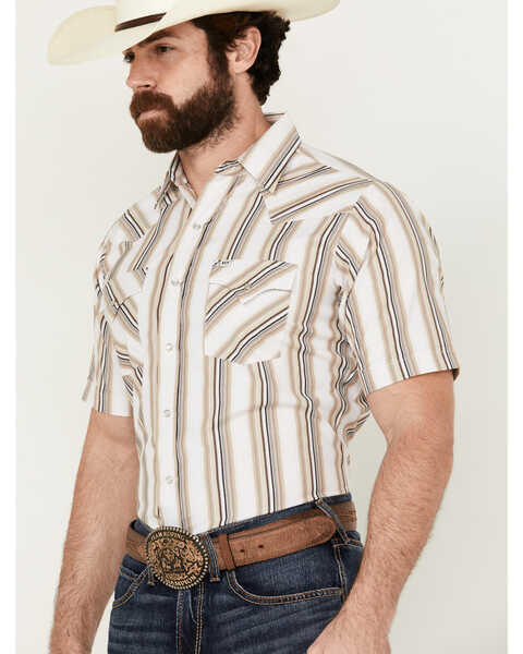 Image #2 - Ely Walker Men's Striped Print Short Sleeve Snap Western Shirt , Tan, hi-res
