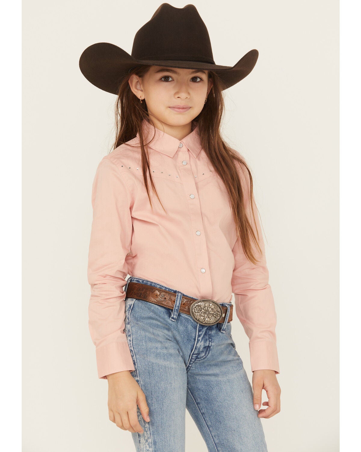 Shyanne Girls' Solid Rhinestone Fringe Long Sleeve Pearl Snap Stretch Western Shirt, Light Pink, hi-res