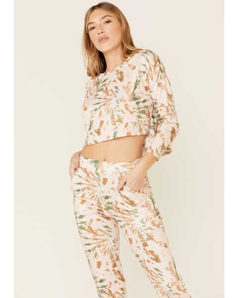 Peach Love Women's Cropped Splatter Print Sweatpants, Tan, hi-res